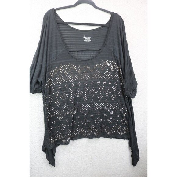 Lane Bryant Semi-Sheer Rhinestone Blouse-Size 26/28-Asymmetrical Hem-Scoop Neck - Picture 1 of 6